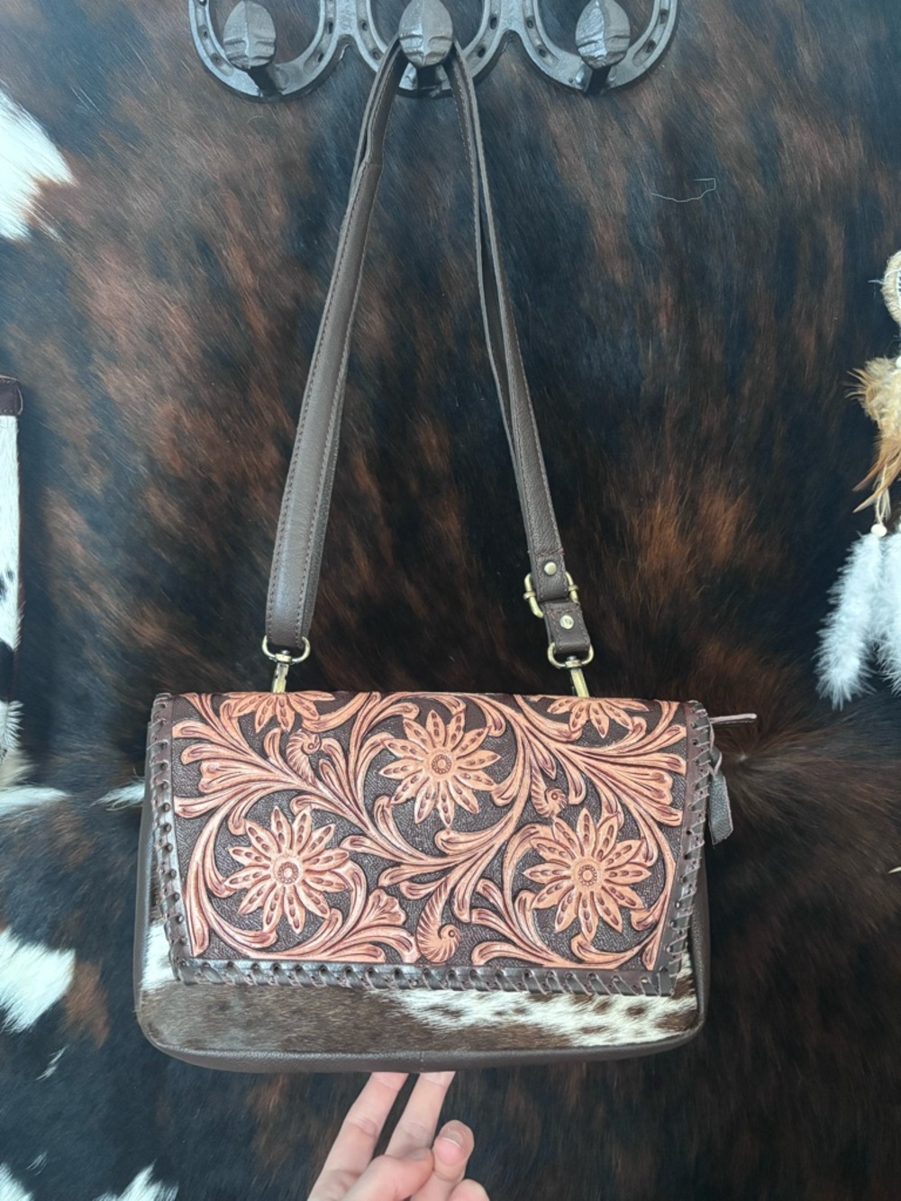 Tooled Floral Leather Shoulder Bag With Hair on Hide
